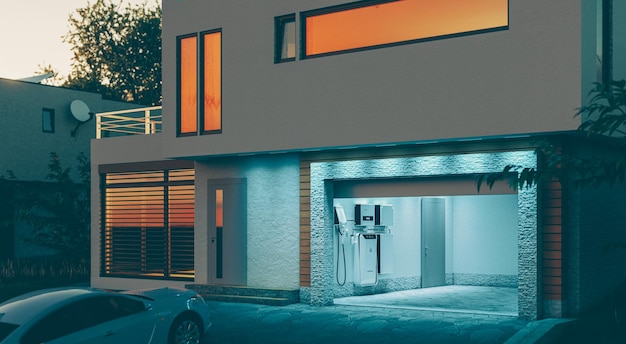 Konzept eines Heimbatterie-Energiespeichersystems in der Garage eines modernen Einfamilienhauses in einem futuristischen blauen Licht, das die Abendatmosphäre einer ruhigen Straße beleuchtet. 3D-Rendering.