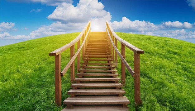 Foto konzept eines weges zum erfolg holztreppe auf dem gras sommer hintergrund