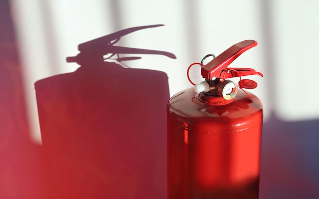 Konzept, Feuer im Haus, roter Feuerlöscher auf Wandhintergrund mit Schatten- und Flammenreflexion, Nahaufnahme