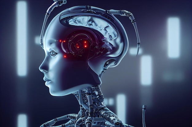 Konzept für Big Data und künstliche Intelligenz Konzept für maschinelles Lernen und Cyber Mind Domination Roboter Cyborg 3D-Darstellung
