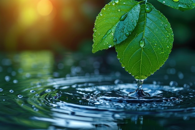 Konzept für den Weltwassertag Ein Tropfen inmitten des grünen Laubes