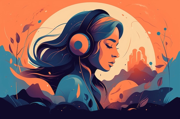 Konzept für die psychische Gesundheit von Frauen in der Musiktherapie Seitenansicht einer Frau mit geschlossenen Augen und Kopfhörern, die Musik hört, abstrakte Kunstillustration Generative KI