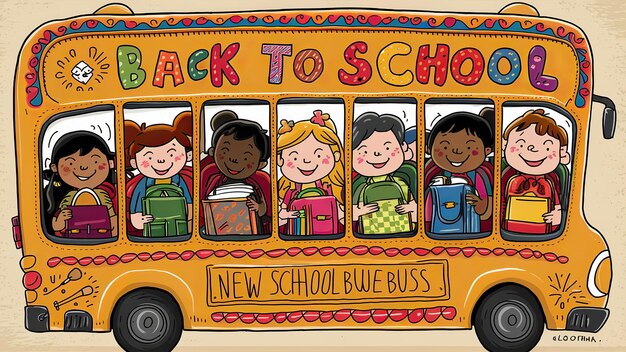 Konzept für die Rückkehr in die Schule Schulbus mit Kindern Rucksack mit Schreibwaren
