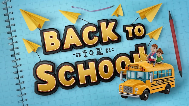 Konzept für die Rückkehr in die Schule Schulbus mit Kindern Rucksack mit Schreibwaren