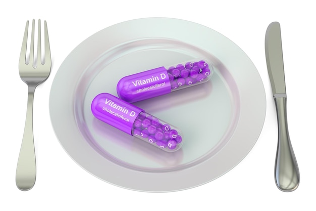 Konzept für Ernährung und gesunde Mahlzeiten Teller mit Vitamin-D-Kapseln 3D-Rendering