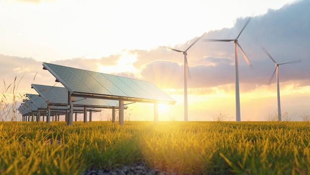 Konzept für erneuerbare Energien Photovoltaik und Windkraftanlagen auf einem Gras, das bei Sonnenuntergang abgelegt wird