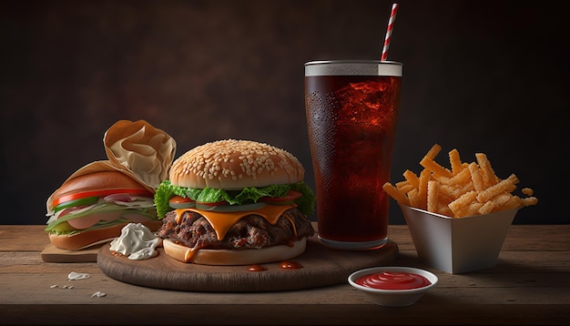 Konzept für Fast Food und ungesunde Ernährung Nahaufnahme von Fast-Food-Snacks und Cola-Getränk auf Holztisch Generative ai