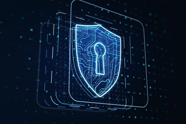 Konzept für Netzwerksicherheitssystem und Cybersicherheitstechnologien mit digitalem blauen Schild mit Schlüssellochsymbol im Rahmen auf dunklem technologischem Hintergrund, 3D-Rendering