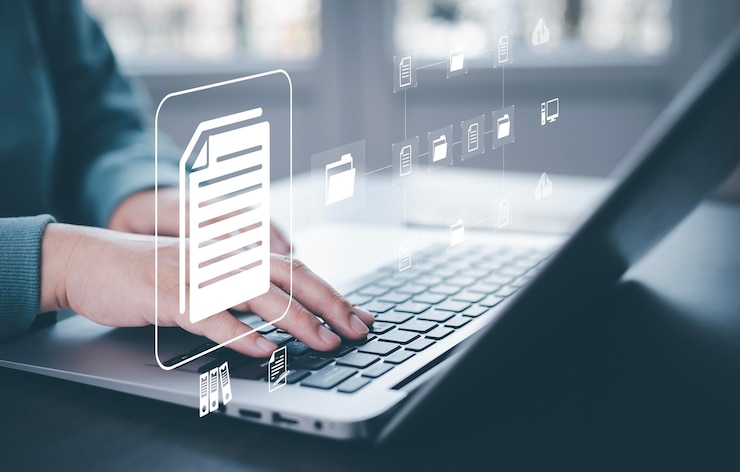 Foto konzept für online-dokumentationsdatenbank und dokumentenmanagementsystem geschäftsmann, der ein tablet- oder computer-dokumentenmanagementsystem und eine automatisierungssoftware zur archivierung und effizienten verwaltung verwendet