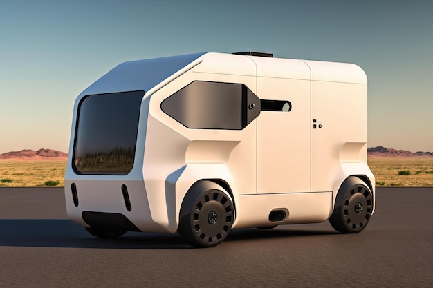 Konzept futuristischer Frachtwagen der Zukunft in Form eines kleinen Lastwagens für die Lieferung von Waren an Häuser