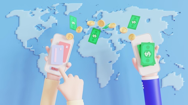 Konzept, Geld um die Welt zu senden, Geldtransfer, Online-Banking, Finanztransaktionen. 3D-Darstellung