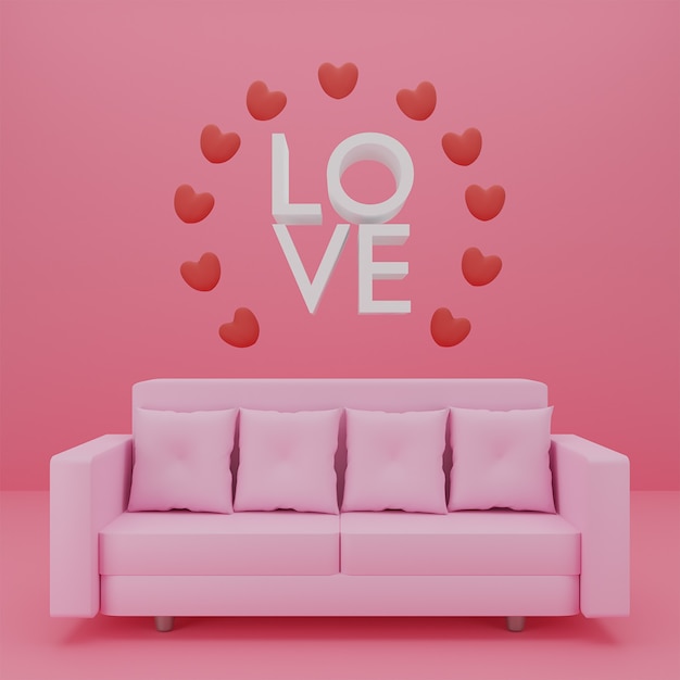 Konzept Glücklicher Valentinstag mit Herzen, die um Textliebe und Sofa auf rosa Hintergrund schweben. 3D-Rendering