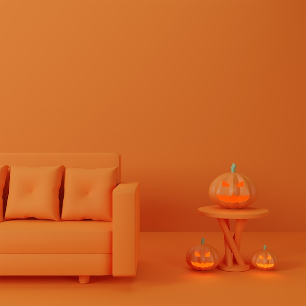 Konzept glückliches Halloween in der Wohnung soziale Distanzierung und Sofa mit Kürbisgeist auf Stuhl, orange Hintergrund.