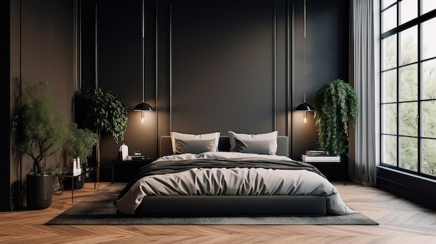 Konzept-Illustration eines Schlafzimmers mit eleganter schwarzer Dekoration, einem Holzboden, einem Kingsize-Bett und einem großen Fenster Generative KI