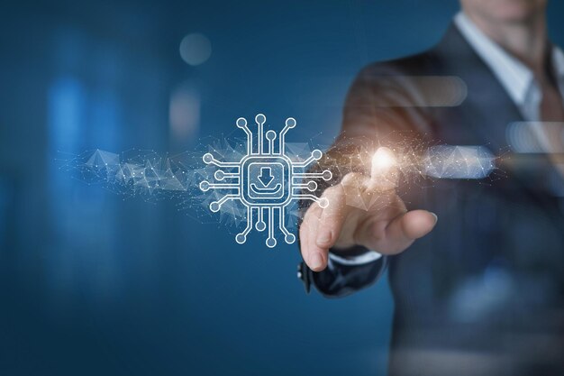 Konzept innovativer Download-Methoden Geschäftsfrau klickt auf das Download-Symbol