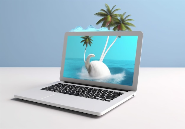 Konzept Laptop Palm Sommer Strand Reisen Urlaub Baum Computer tropische Generative KI