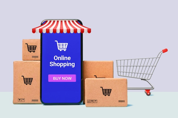 Konzept online Sopping-Boxen und Einkaufstasche mit Smartphone-Online-Shopping-Bildschirm