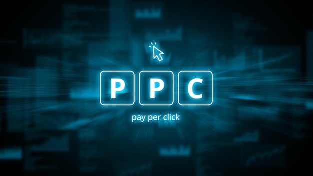 Konzept Pay-per-Click oder ppc Geschäftsakronym im holografischen Stil