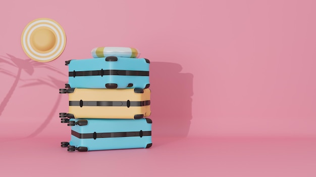 Konzept Reise Sommer mit Gummiring auf Koffer rosa Pastell Hintergrund 3D-Rendering