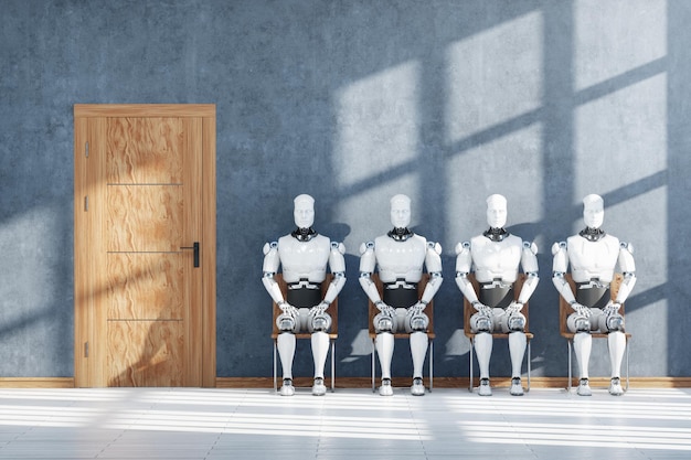 Konzept Roboter und künstliche Intelligenz nehmen Arbeitsplätze weg Roboter und Menschen sitzen