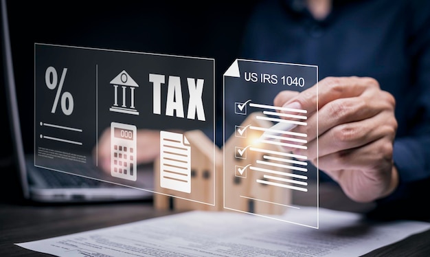 Foto konzept-steuerformular der us-irs 1040 mit tax2024 und erstattung von steuern auf zollsteuern geschäftsdiagramme und -diagramme, die auf dem bildschirmmedium gezeigt werden us einzelne einkommensteuer steuerausgaben