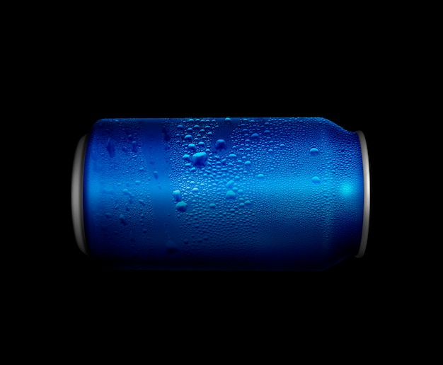 Konzept von Durst und Durstlöschung Blaue Metalldose mit Cola oder Bier Kondenswassertropfen auf der Oberfläche