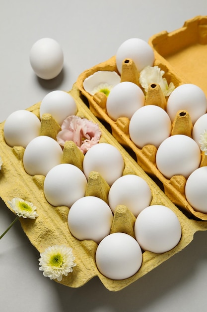 Konzept von Frühlingseiern mit Blumen auf hellgrauem Hintergrund