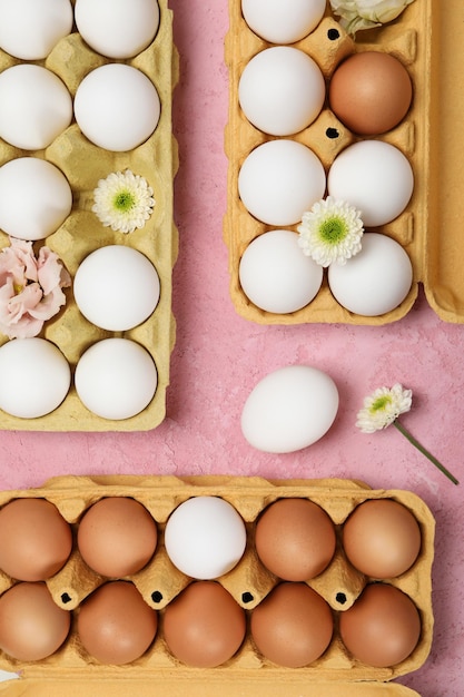 Konzept von Frühlingseiern mit Draufsicht der Blumen