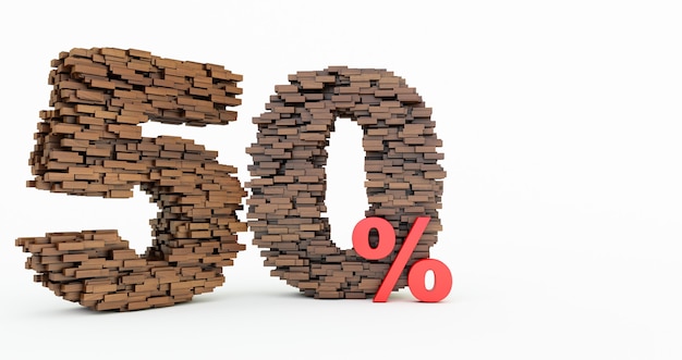 Konzept von Holzziegeln, die sich aufbauen, um die 50% Rabatt, Promotion-Symbol, Holz 50 Prozent auf weißem Hintergrund zu bilden. 3d rendern