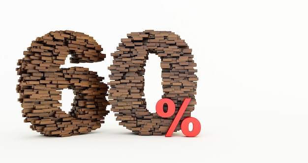 Konzept von Holzziegeln, die sich aufbauen, um die 60% Rabatt, Promotion-Symbol, Holz 60 Prozent auf weißem Hintergrund zu bilden. 3d rendern