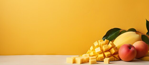 Foto konzept von isolierten mango-früchten und würfeln auf einem isolierten pastellfarbenen hintergrund kopierraum, der das erzeugnis-objekt darstellt