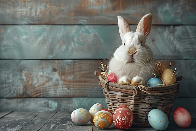 Konzept von Ostern ein weißes, flauschiges Ostern Hase sitzt in einem Korb mit bunten Eiern