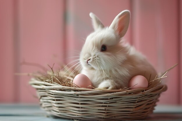 Konzept von Ostern ein weißes, flauschiges Ostern Hase sitzt in einem Korb mit bunten Eiern