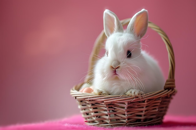 Konzept von Ostern ein weißes, flauschiges Ostern Hase sitzt in einem Korb mit bunten Eiern