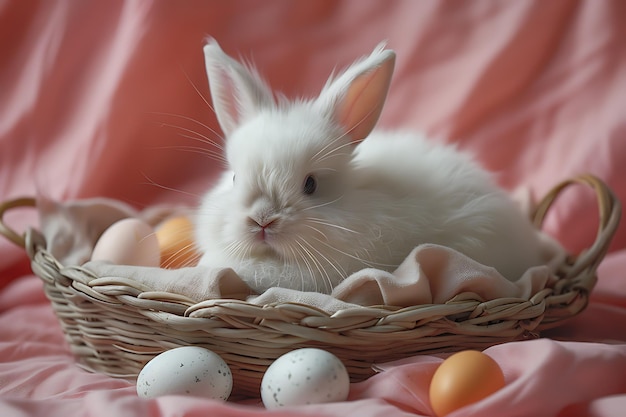 Konzept von Ostern ein weißes, flauschiges Ostern Hase sitzt in einem Korb mit bunten Eiern