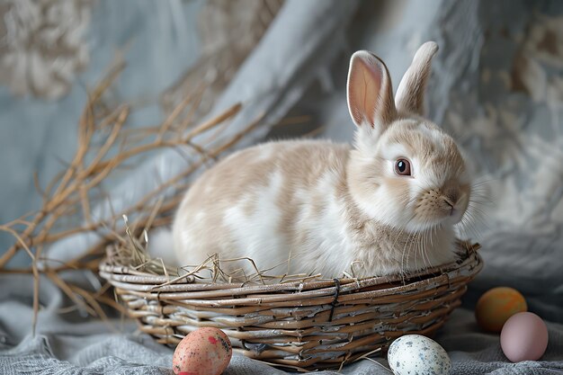 Konzept von Ostern ein weißes, flauschiges Ostern Hase sitzt in einem Korb mit bunten Eiern