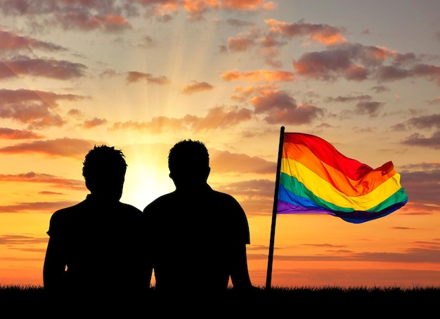 Konzept von Schwulen. Silhouette von zwei schwulen Urlaubern bei Sonnenuntergang und Regenbogenflagge
