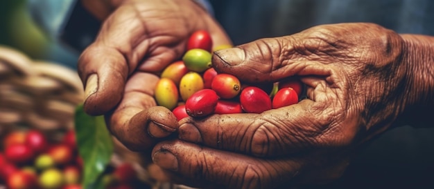 Konzept zur Ernte von Kaffeebohnenfrüchten in der Hand