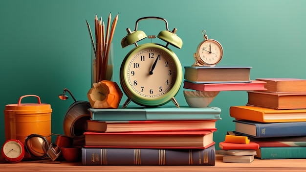 Konzept „Zurück zur Schule“ oder „Lehrertag“, Idee, Stifte, Bleistifte, Bücher und ein Wecker. Generative KI
