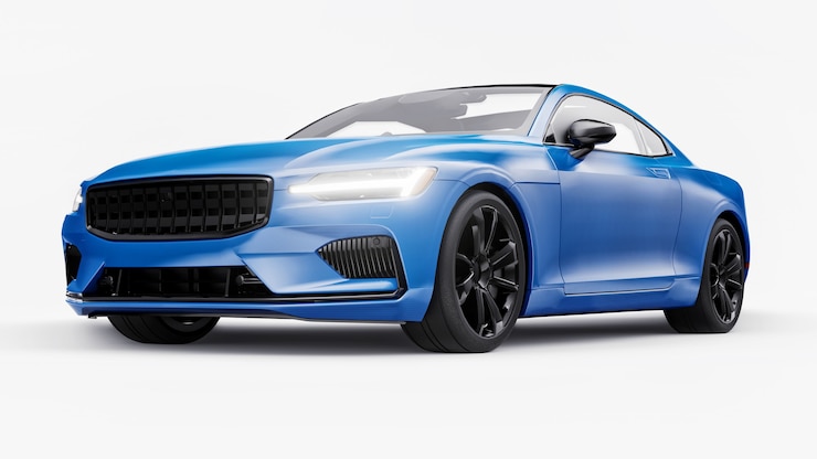 Foto konzeptauto sport-premium-coupé. blaues auto auf weißem hintergrund. plug-in-hybrid. technologien des umweltfreundlichen transports. 3d-rendering.