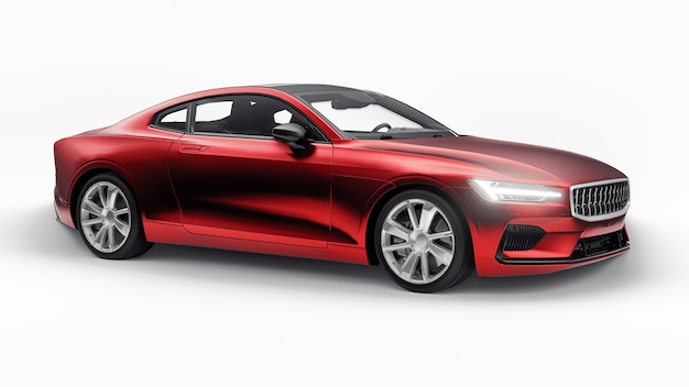 Konzeptauto Sport-Premium-Coupé. Plug-in-Hybrid. Technologien des umweltfreundlichen Transports. Rotes Auto auf weißem Hintergrund. 3D-Rendering.