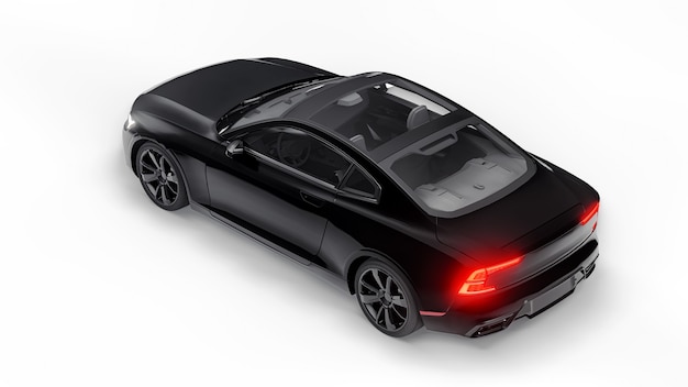 Konzeptauto Sport-Premium-Coupé. Plug-in-Hybrid. Technologien des umweltfreundlichen Transports. Schwarzes Auto auf weißem Hintergrund. 3D-Rendering.