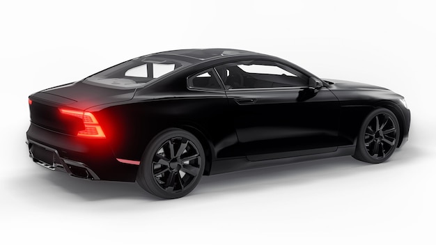 Konzeptauto Sport-Premium-Coupé. Plug-in-Hybrid. Technologien des umweltfreundlichen Transports. Schwarzes Auto auf weißem Hintergrund. 3D-Rendering.