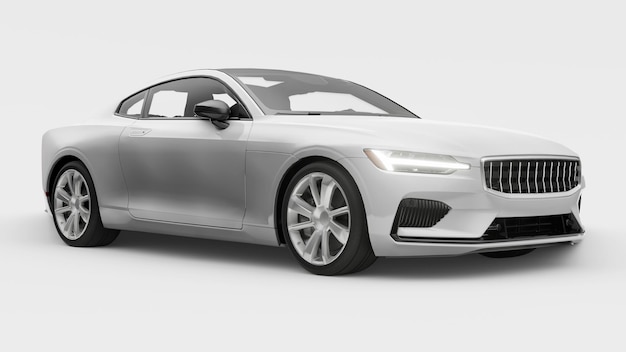 Konzeptauto Sport-Premium-Coupé. Plug-in-Hybrid. Technologien des umweltfreundlichen Transports. Weißes Auto auf weißem Hintergrund. 3D-Rendering.