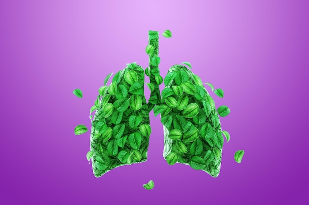 Konzeptbild menschliche Lunge aus grünen Blättern Bäume Lunge des Planeten frischer Atem Ökologie saubere Energie modernes Design Magazin Stil Kopieren Sie Raum 3D-Darstellung 3D-Rendering