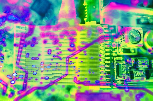 Konzepthintergrund der Mikrochiptechnologie mit elektronischen Elementen der Leiterplatte. Abstraktes Muster für Computertechnologie, integrierte Computerillustration des Motherboards.