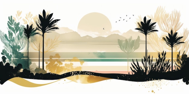 Konzeption von Urlaub und Reisen Meer und Palmen am Strand Schönes Illustrationsbild Generati