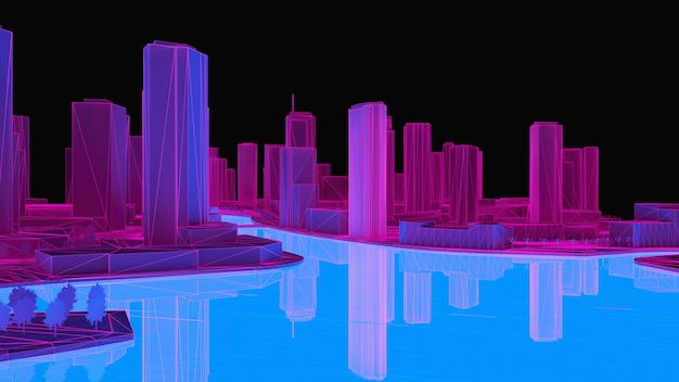 Konzeptionelle 3D-Darstellung einer Nachtstadt mit Beleuchtung aus glühendem Wasser. 3D-Rendering.
