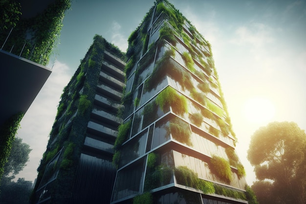 Konzeptionelle Darstellung eines Wohngebäudes mit vertikalen Gärten zur Abmilderung der von Ia erzeugten Sommerhitze