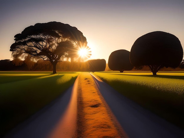 Konzeptionelle friedliche Landschaft bei Sonnenaufgang mit Wiese und Bäumen Illustration
